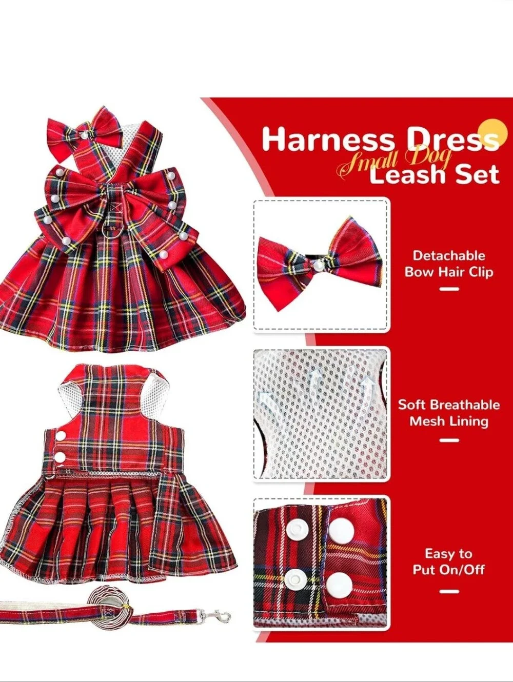 Red Plaid Bow Accent Pet Harness Dress